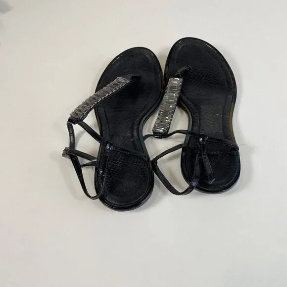 Brian Atwood Womens Leather Thong Sandals Black 6.5 Embellished T-Strap Crystal